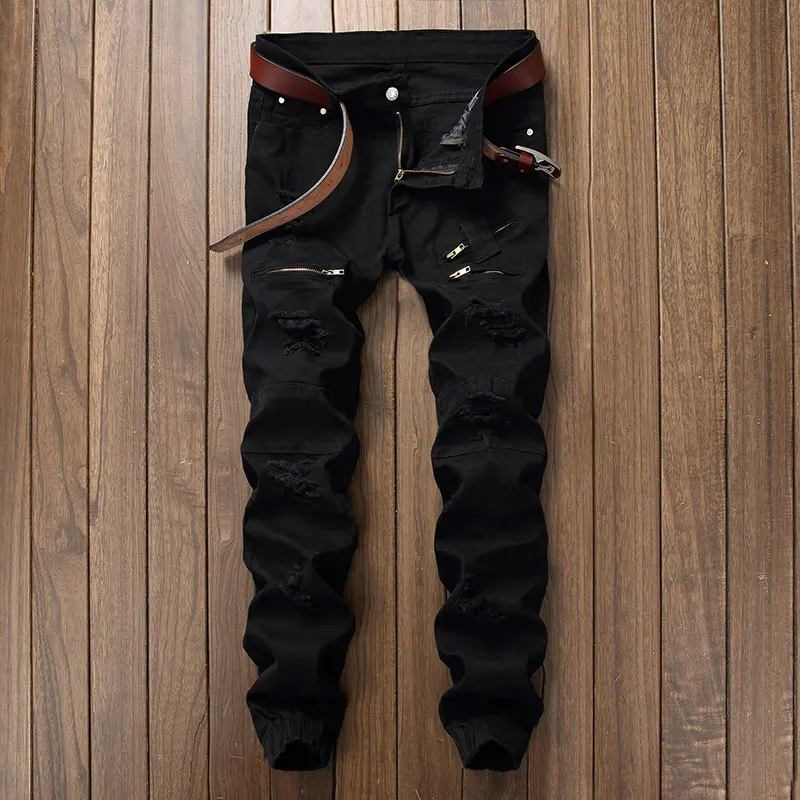 Мода человек насыщенный Белый Черный калекой отверстия slim fit джинсы мужчины поддельные молния Жан Мужской патч moto брюки индивидуальные штаны