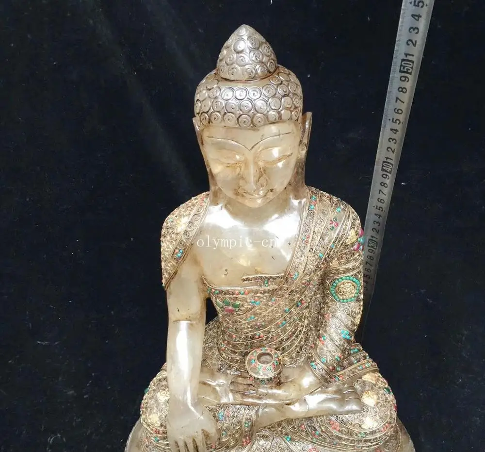 20''nepal Тибет Кристалл инкрустация драгоценными камнями красный коралл бирюза Серебро Золото Шакьямуни