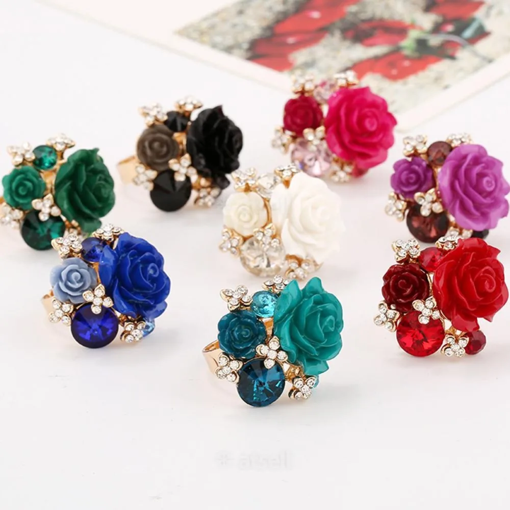 Luxury Crystal Resin Rhinestones Ball Zircon Flowers Ring Fashion Women Statement Jewelry Gifts Ring Size Adjustable