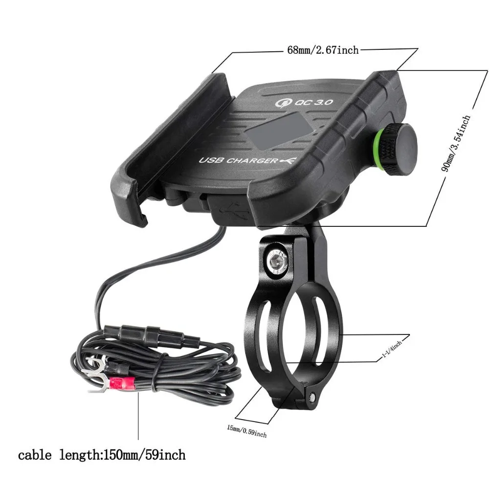 Aileap Universal Motorcycle Phone Mount Aluminum Bike Phone Holder Integrated with QC 3.0 Super Quick Charge USB Power Socket Aileap Universal Motorcycle Phone Mount Aluminum Bike Phone Holder Integrated with QC 3.0 Super Quick Charge USB Power Socket