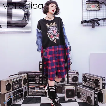 

Vefadisa Denim Sleeve Patchwork Dress Women 2020 Casual Spring O-Neck Tops Cat Pattern Appliques Pullover Dress Loose AD1977
