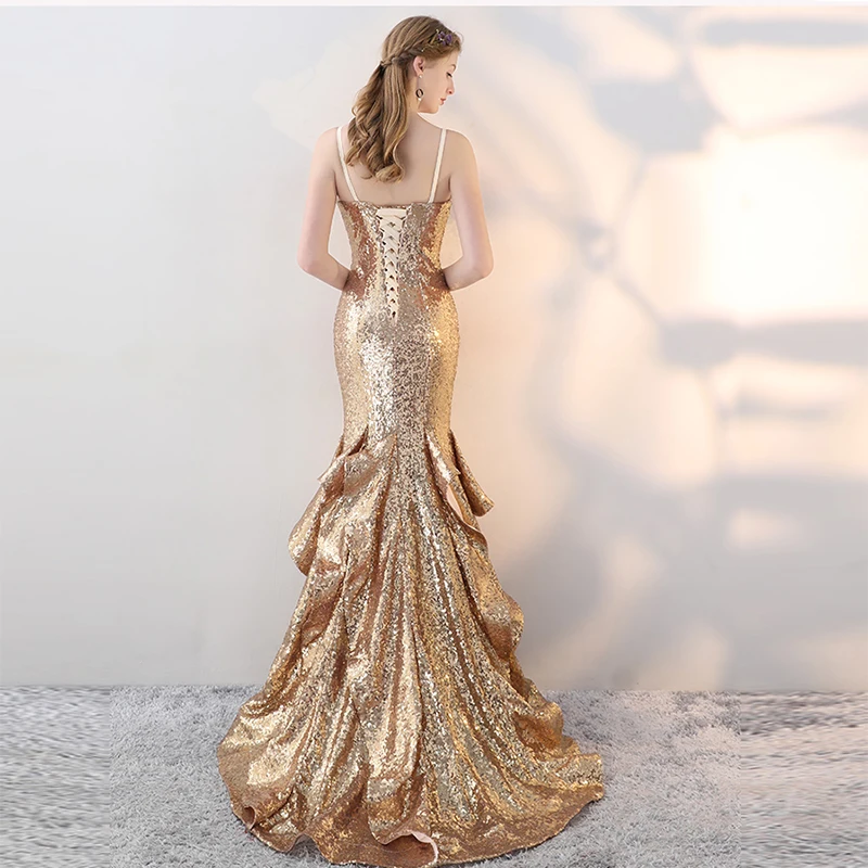 Sequins Golden Mermaid Evening Dress Long Prom Party Dresses Evening Gown Formal Dress Women Elegant Robe De Soiree