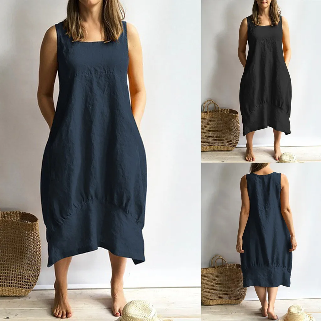 

NEW Women Casual Loose Dress Linen Patchwork Sleeveless Solid Button Splice Pocket Dress Fashion summer dresses robe femme 2019