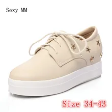 Туфли на шнуровке женские лоферы увеличивающие рост Туфли без каблуков на танкетке повседневная обувь на плоской подошве плюс размер 34-40, 41, 42, 43