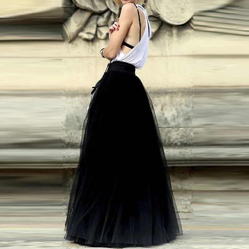 Парижская мода неделя Тюлевая юбка макси изящная черная линия 8 слоев доходящая до пола Тюль женские юбки, изготовленные на заказ длинные юбки