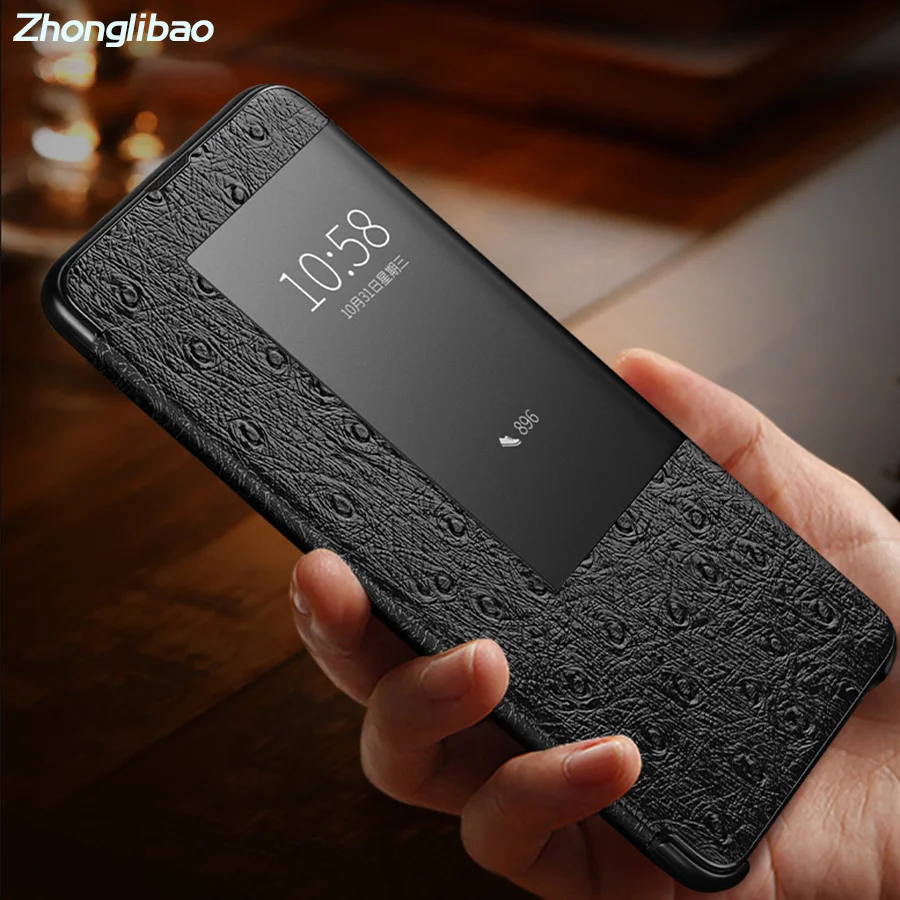 

Smart Touch View Window Flip Case for Huawei P30 Mate 20 Pro Mate 10 Pro P20 Pro Luxury Genuine Ostrich Pattern Leather Cover