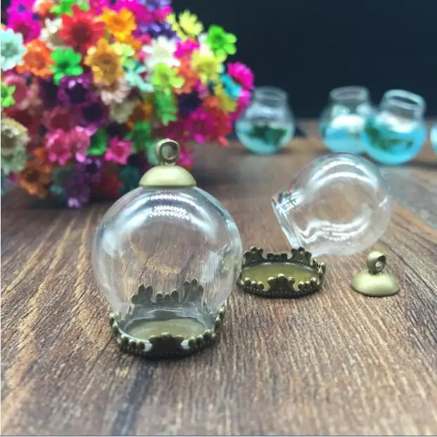

50sets/lot 20*15mm globe glass antique bronze crown tray cap glass vial pendant glass bottle cover dome glass necklace pendant