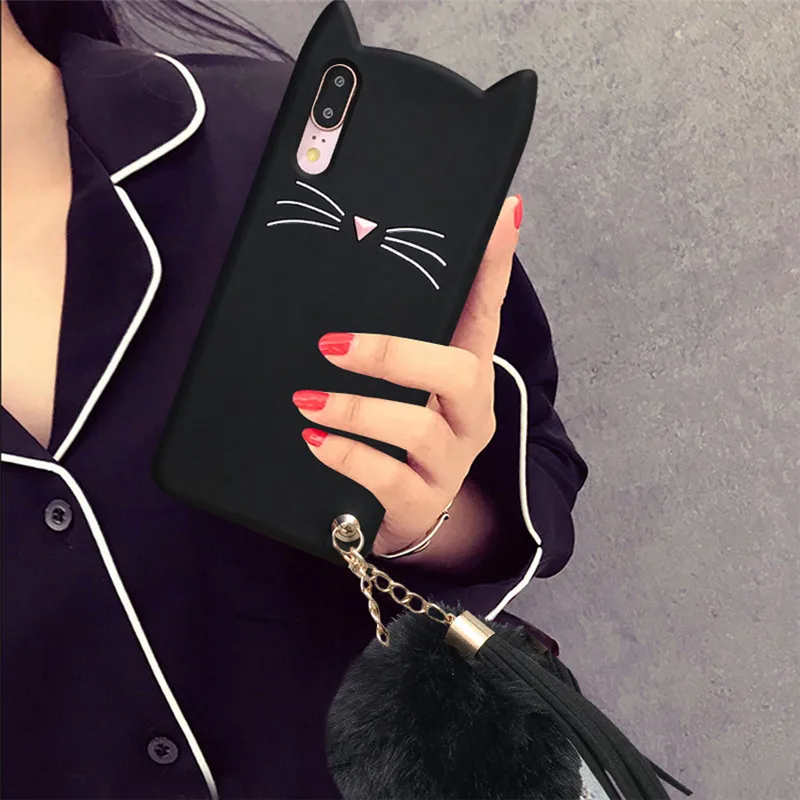 

For huawei P20 lite P20 Pro mate 10 pro lite P10 P9 plus honor 9 10 6x case cover 3d beard cat with fur ball soft silicone shell