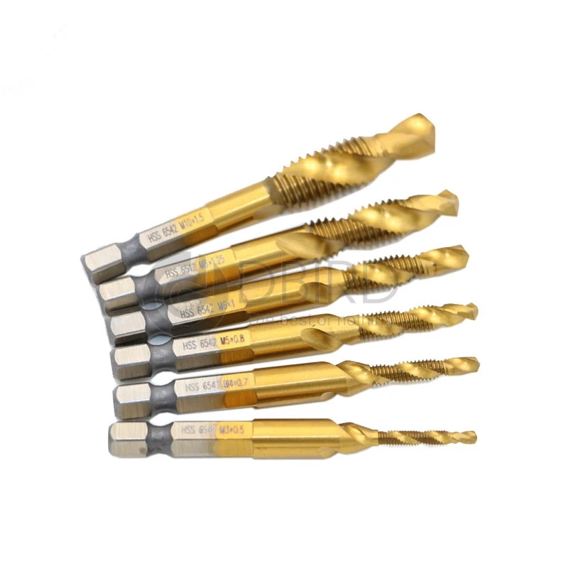 

6pcs Titanium M2 Hex Shank Hand Tap HSS Screw Spiral Point Thread Metric Plug Drill Bits M3 M4 M5 M6 M8 M10 Fit Metal Steel