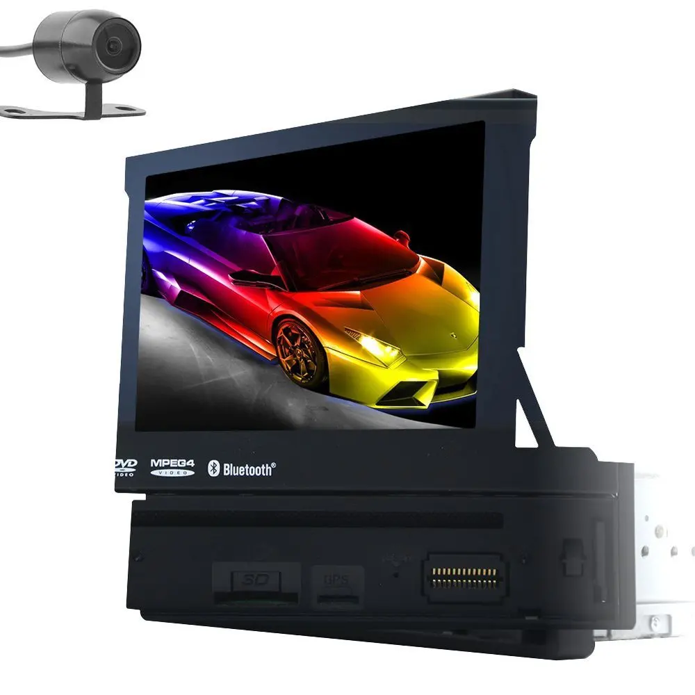 

Single-DIN 7'' GPS Car Stereo Motorized Touchscreen DVD Player Receiver Wireless Remote Bluetooth Hands-free Navigation+camera