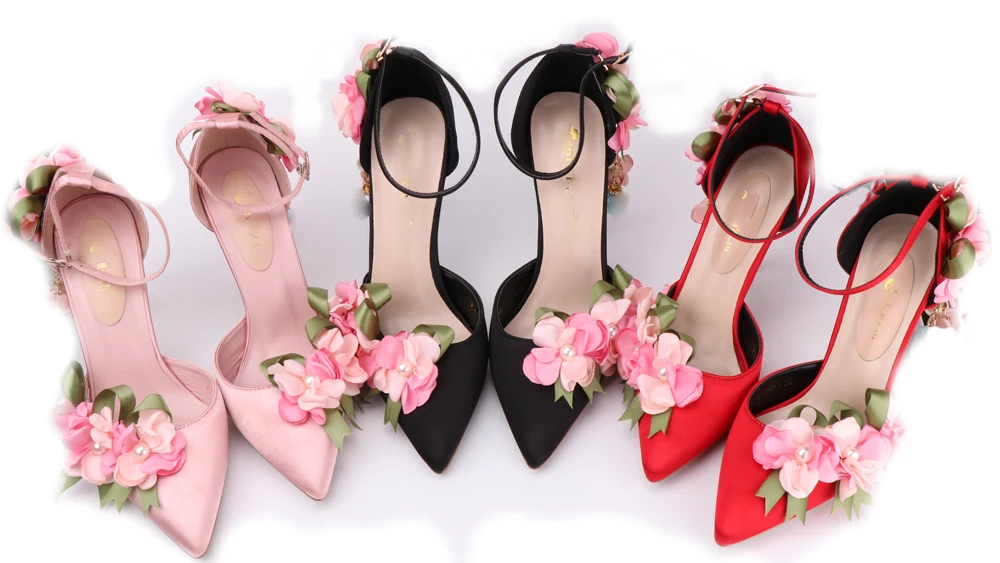 Shoes Adults Sandals Wedding Pink Silks Satins Bridal Shoes Pointed Toe Ultra High Heels Lace Flower Pearl Formal Dress Shoes