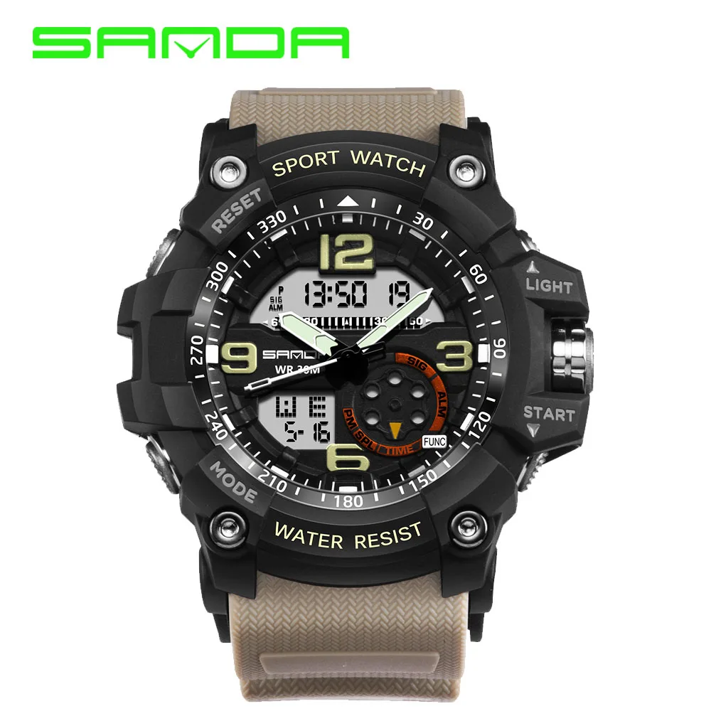SANDA часы с двумя дисплеями мужские водонепроницаемые светодиодный спортивные военные часы Shock Orologi Sport Мужские кварцевые наручные часы - Цвет: Серый