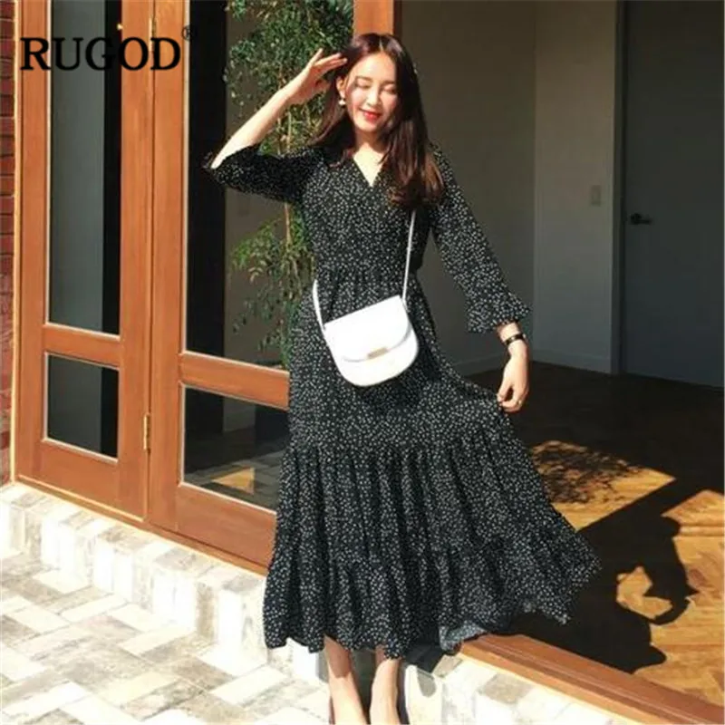 

RUGOD Boho style long dress women Casual Floral print V-neck Hight Waist Beach Sundress female Black maxi dress vestidos de fest
