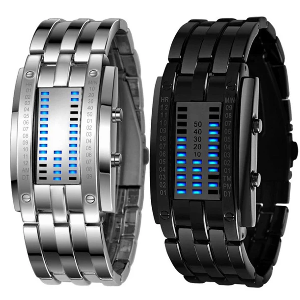 1 шт. Future technology бинарные часы мужские женские черные часы из нержавеющей стали светодиодный цифровой браслет спортивные часы