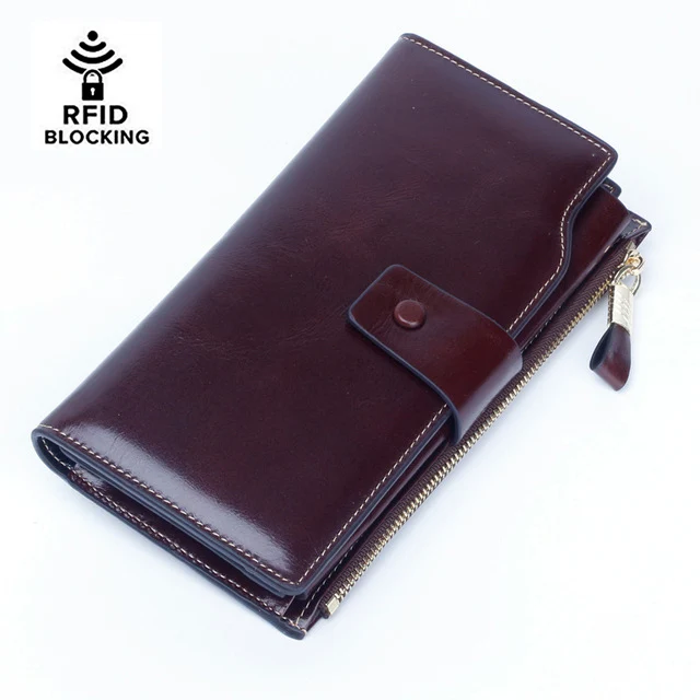

Women's RFID Blocking Luxury Wax Genuine Leather Clutch Wallet Card Holder Organizer Ladies Purse Phone Female Big Clutch