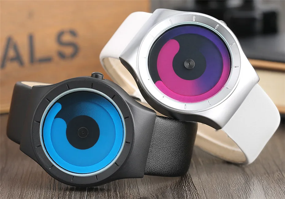 Fashion Mens Watch Leather Analog Quartz Sport Wristwatch Creative Cool Blue Ocean Steel Clock Relogio Masculino Spiral Turntable Swirl Hour Clock Female (24)