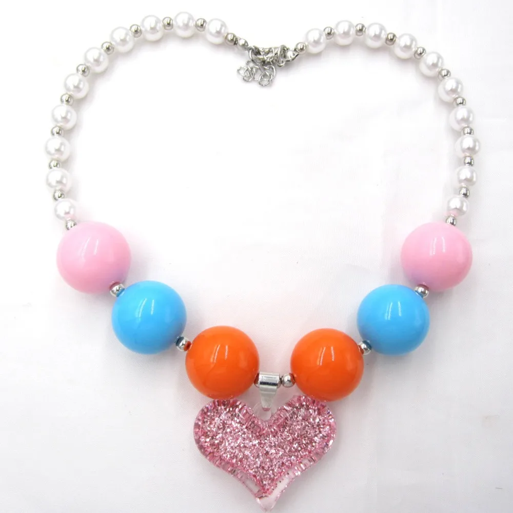 Beautiful Kids Baby Girl Pearl Necklace Glitter Heart Pendant Toddlers