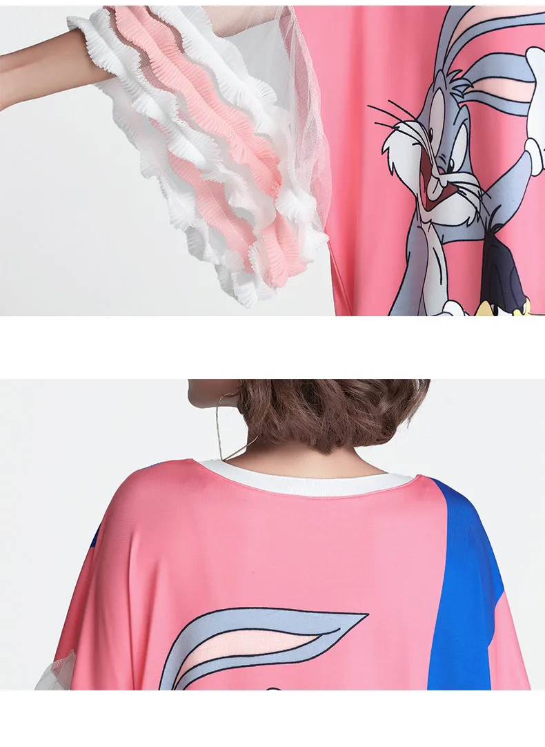 Тренд-сеттер Лето Мода Мультфильм принт длинная футболка женская с пышными рукавами розовая футболка Свободная Повседневная футболка с буквами оверсайз