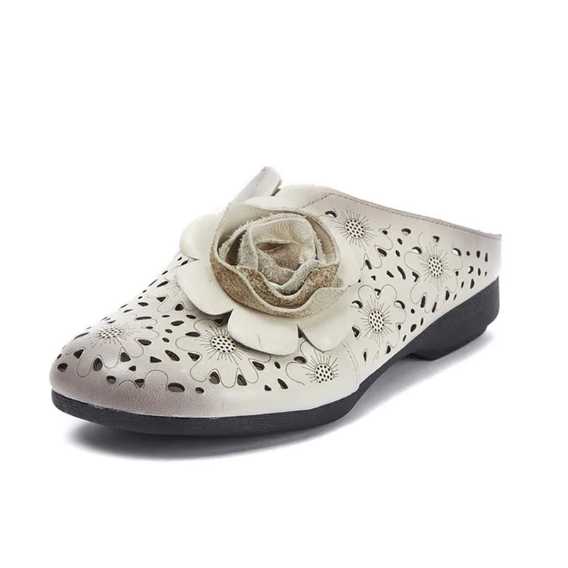 

2019 summer new first layer cowhide flower baotou sandals and slippers leather hollow low heel sandals