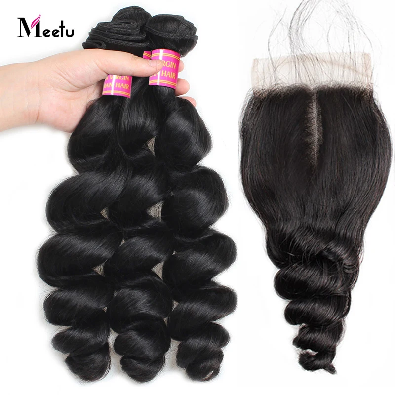 

Meetu Peruvian Loose Wave Bundles with Closure 4x4 inch Lace Closure with Baby Hair Non Remy Human Hair Bundles With Closure
