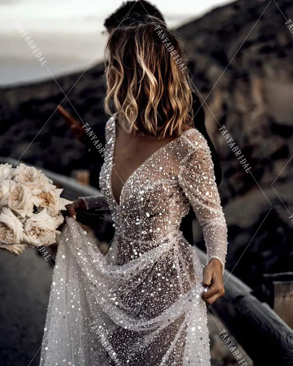 Блестящие шикарные свадебные платья с длинным рукавом, сексуальные летние пляжные свадебные платья, богемное Платье de Soriee DW155