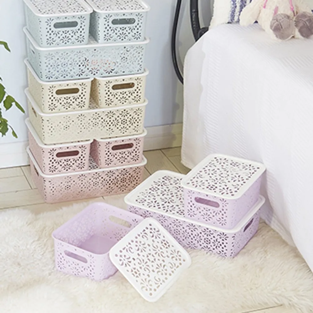 

Stackable Plastic Storage Box Hollow Out Storage Basket Lid For Clothes