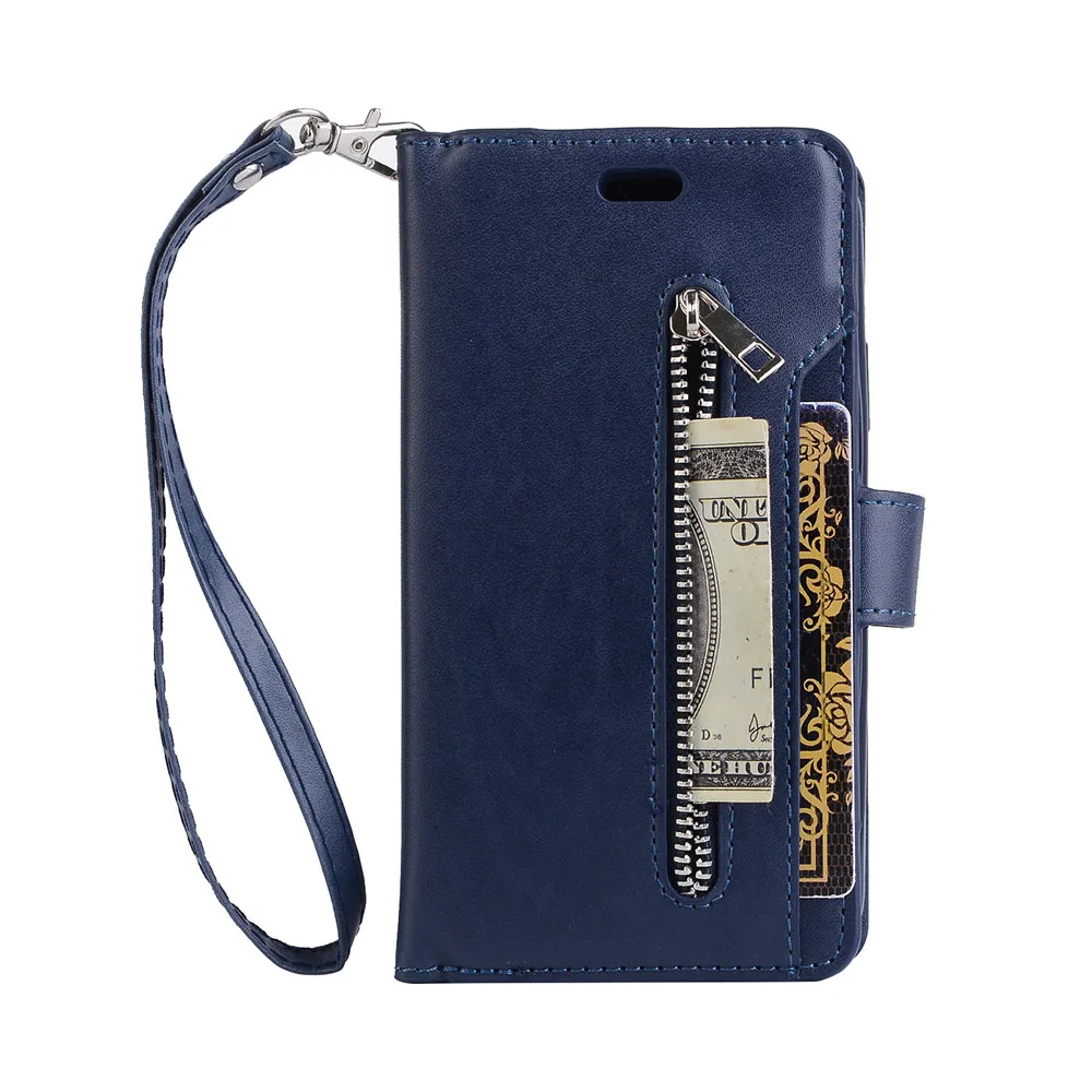 Бумажник с застежкой-молнией 9 карманов для карт Книга чехол в виде ракушки кошелек для samsung Galaxy S6 S7 край S8 S9 A6 плюс J4 J6 J8 Note 8 9 A5 A7 - Цвет: Blue