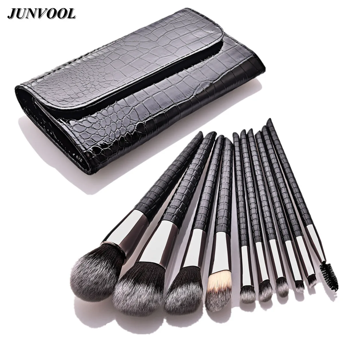 

10pcs Crocodile Scale Shaped Makeup Brushes Set Powder Foundation Lash Eye Shadow Brush with Black PU Leather Case Cosmetics Bag