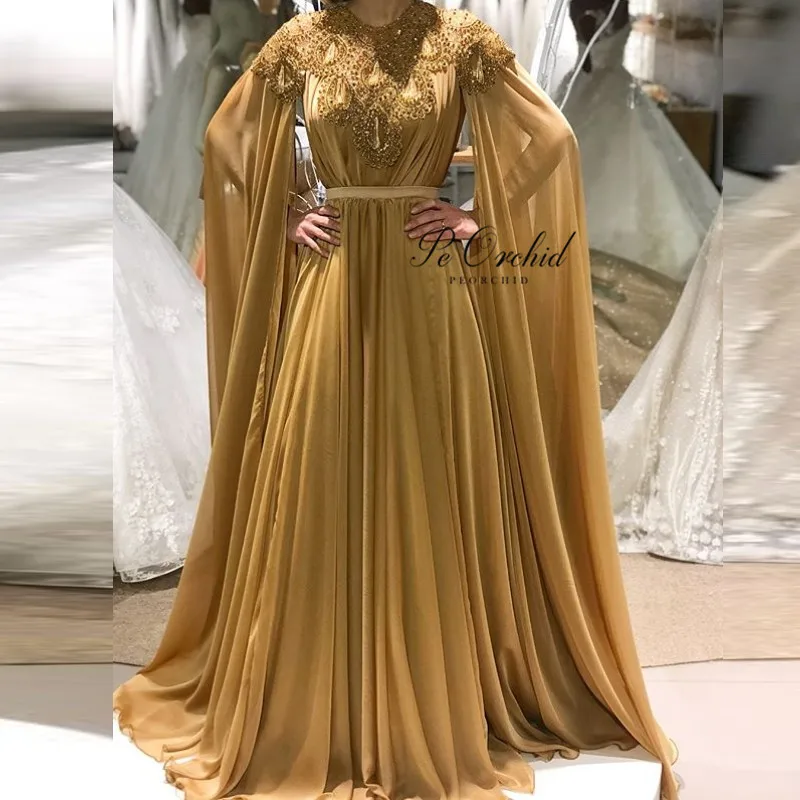 

PEORCHID Luxury Beads Evening Dresses Champagne Gold Arabic Party Gowns Womens Robe abaya Dubai Lebanon Long Cape Formal Dress