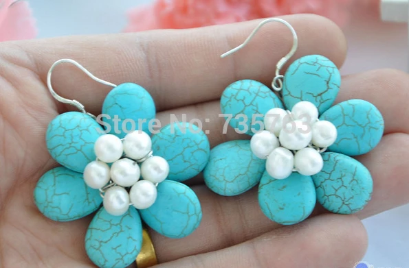 

xiuli 00244 blue turquoise bead white pearl flower dangle earring 925silver