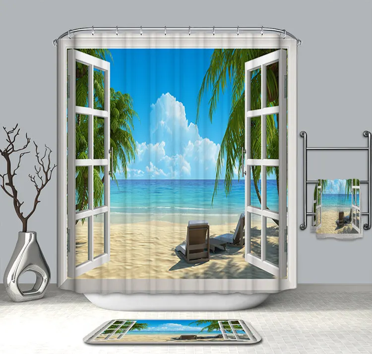 Горячие летние занавески для ванной, поддельные окна, Пляжный Пейзаж, 3D занавески для душа, полиэстер, моющиеся Товары для ванной+ 12 крючков - Цвет: Color 7