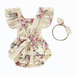 Одежда для маленьких девочек комплект комбинезона с цветочным рисунком и оборками, детская блузка с узором из комбинезон с повязкой
