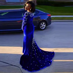 Настоящее Фотография Luxury Royal Blue Velvet Вечернее Платье На Заказ Русалка С Длинным Рукавом Пром Платья Формальные Хрустальные Бусины Дубай