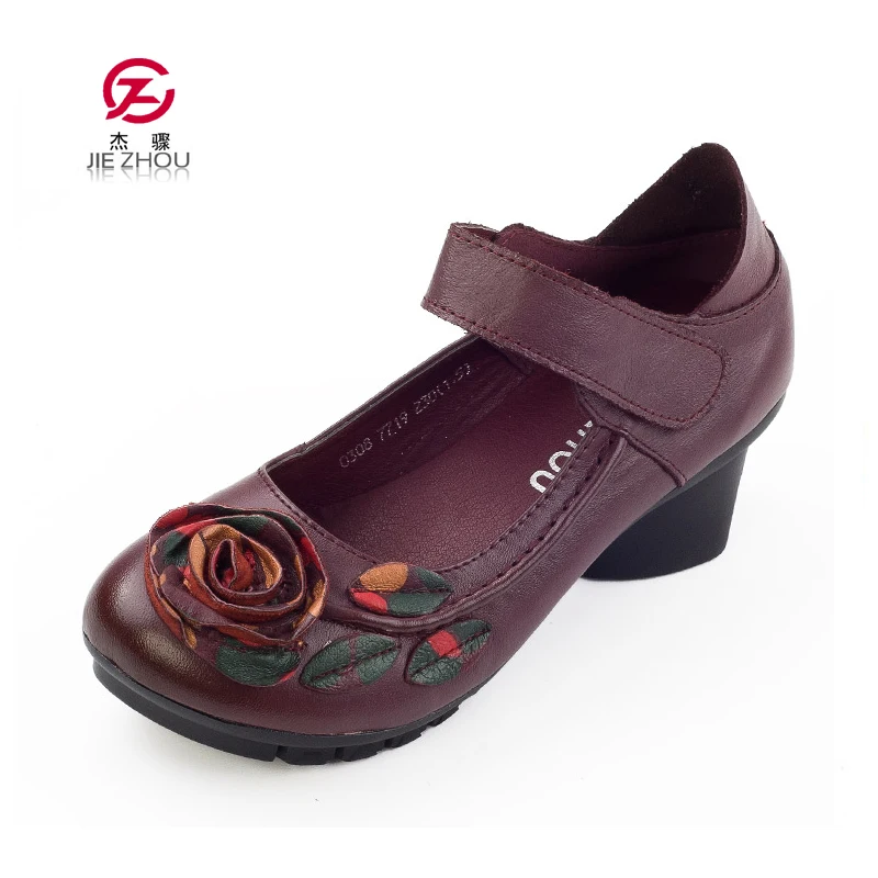 

Women Pumps Genuine Leather Square Heels Ethnic Style Flower Round Toe Hook Loop Mary Janes Shoes Woman