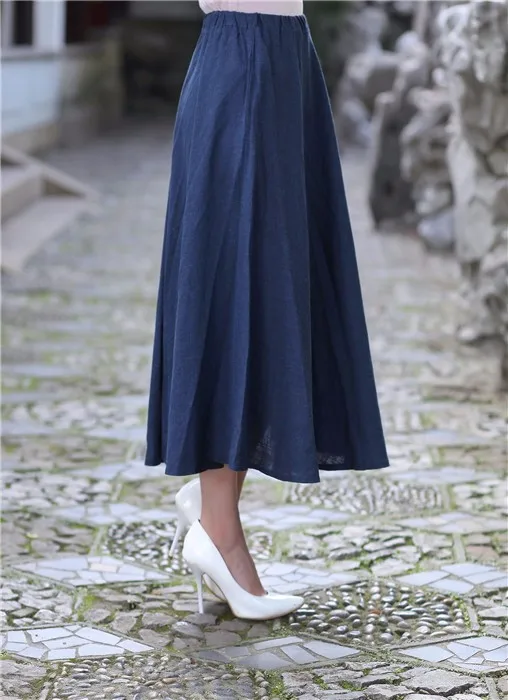 Летняя Повседневная хлопковая длинная льняная юбка женская элегантная складчатая юбка винтажная темно-синяя Расклешенная юбка Размер S M L XL XXL 2522-1