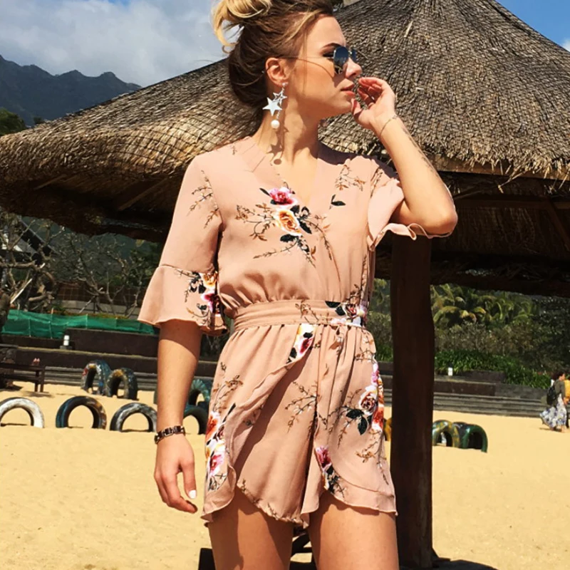 

Umeko Floral Print Playsuits Casual Short Sleeve High Waist Boot Cut Ruffle Rompers V Neck Beach Overalls with Sashes Summer