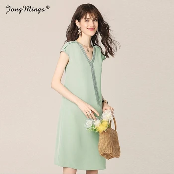 

Acetate Designer Dress 2019 Women High Quality Sexy V-neck Solid Trim Chain Tassel A-line Dress Summer Night Dress Evening Party