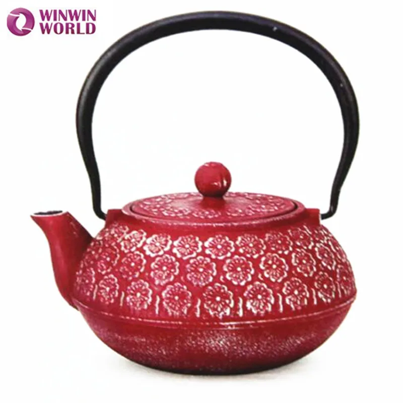 Vintage style flower red cast iron tea pot kettle with stainless steel infuser WW MT013 in