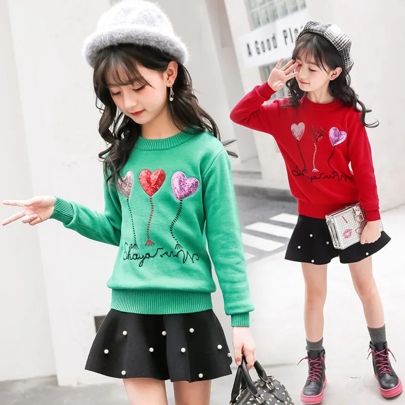 

New Autumn/Winter Girl Heart Pattern Sweater With Sequins Pullovers Children Knitted Warm Sweater Baby Girl Tops Clothes