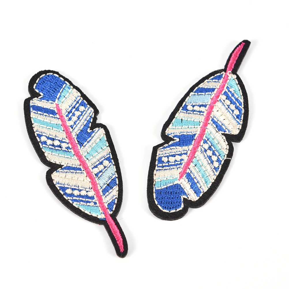 2PCS 7.5cmx2.5cm Blue Feather Embroidered Iron on Patches for Clothing DIY Stripes Clothes Sticker Sew Custom
