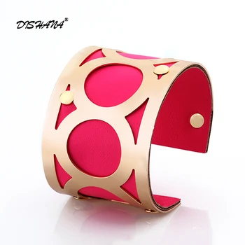 

6 Colors Fashion Cuff Bracelets Bangles Exaggerated Gold-color with Colorful Leather Bracelets New 2019 charm s0010