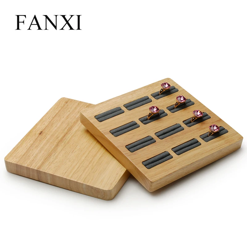 FANXI Solid wood Cream-white&Dark gray 12 Seats Ring Display Stand with Microfiber Internal for Exhibition Jewellry Rings Holder Jewelry Packaging