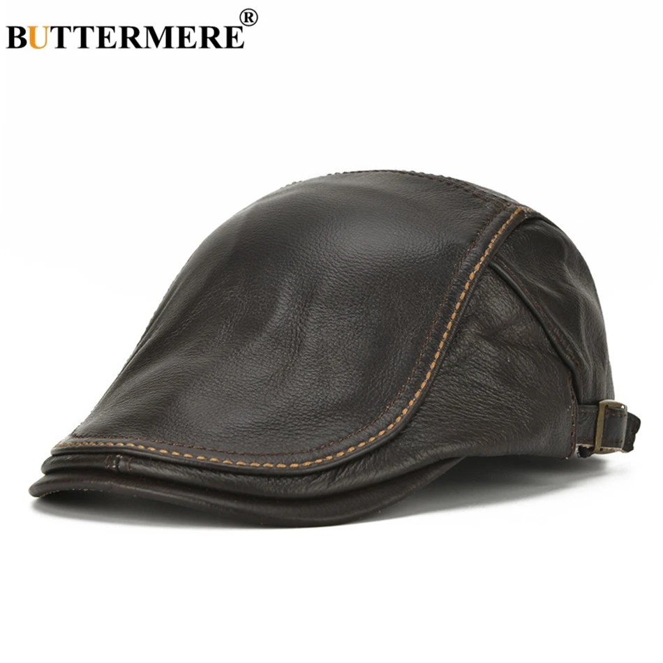 

BUTTERMERE Brand Hat Berets Men Real Leather Flat Caps Male Adjustable Coffee Duckbill Hat Autumn Winter Luxury Directors Caps