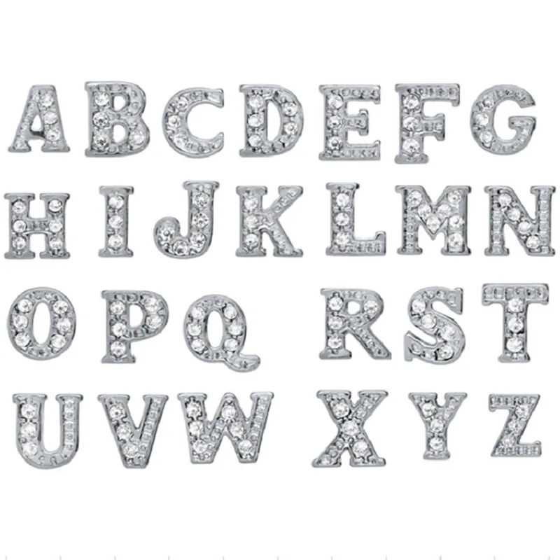 Charms de alfabeto de plata de cristal, letras A, B, C, D, E, G, H, K, M, N O P, Q, R, S, T, U, V, W, X Y Z,
