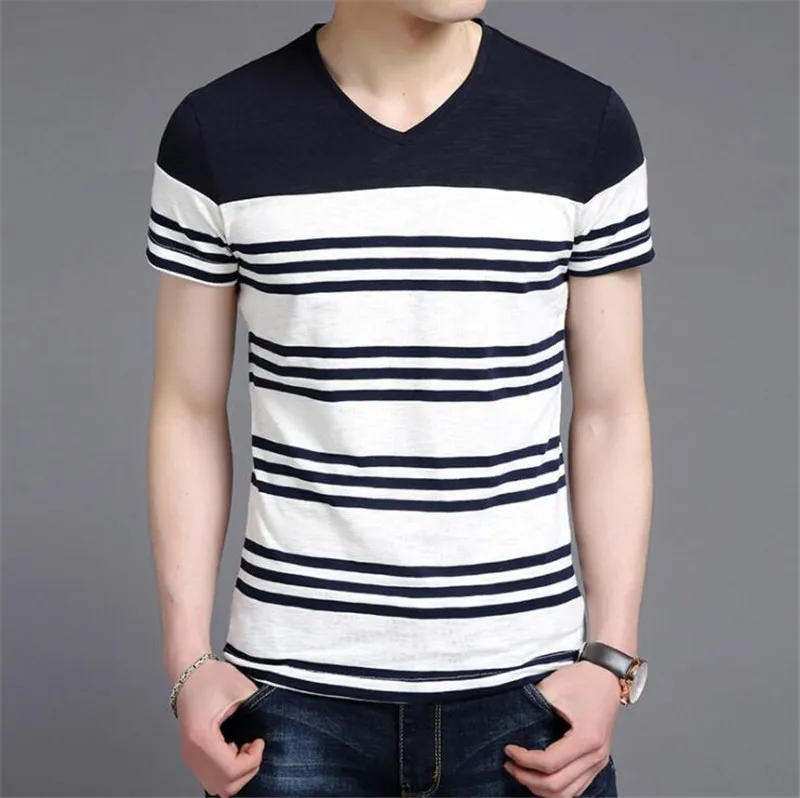 Covrlge Высококачественная Мужская футболка с v-образным вырезом летняя новая мужская футболка с коротким рукавом модная полосатая футболка облегающие Топы MTS485