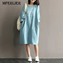 Лето Осень искусство свободные рукав летучая мышь Половина рукава женское платье повседневное прекрасный стиль хлопок платья