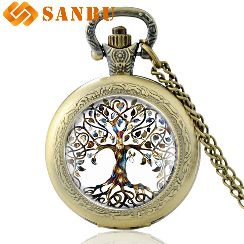 Классические карманные часы с цепочкой в тибетском стиле, кабошон, стеклянный кулон древо жизни, винтажные кварцевые часы для мужчин и женщин - Цвет: Bronze-1