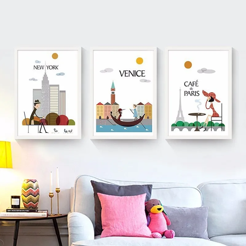 

70*100cm Cartoon Gentleman Venice New York Posters and Prints Canvas Art Painting Wall Art Nursery Picture Baby Room Decoration