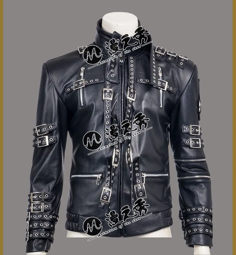 Rare MJ Michael Jackson Punk Rock Style BAD Tour Black Cotton & Leather Rivet Slim Zipper Jacket Outwear