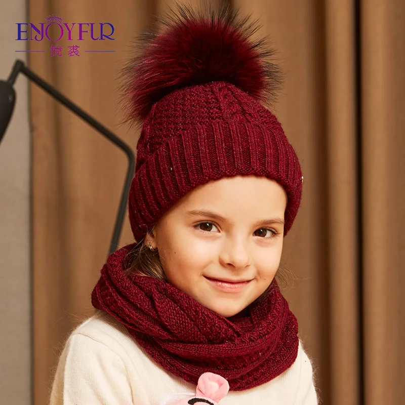 ENJOYFUR Girls Hat And Scarf Set For Winter High Quality Cotton Knitted Soft Hat Girl Thick Boy Caps Children Warm Set